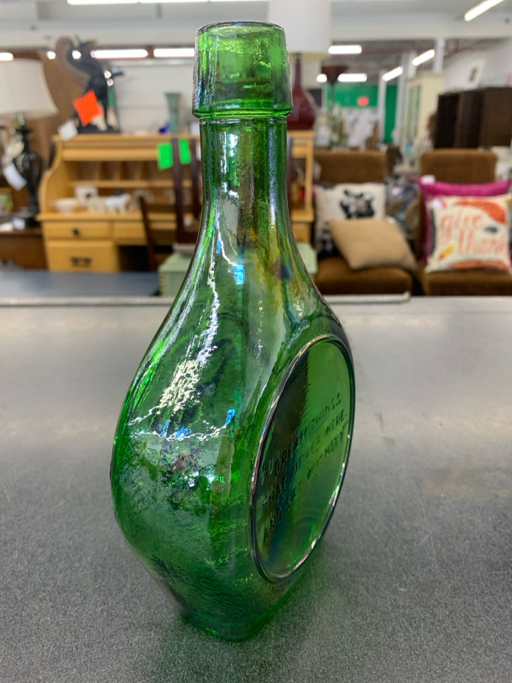 VTG GREEN IRIDESCENT GLASS EMPTY BOTTLE-ROBERT KENNEDY.