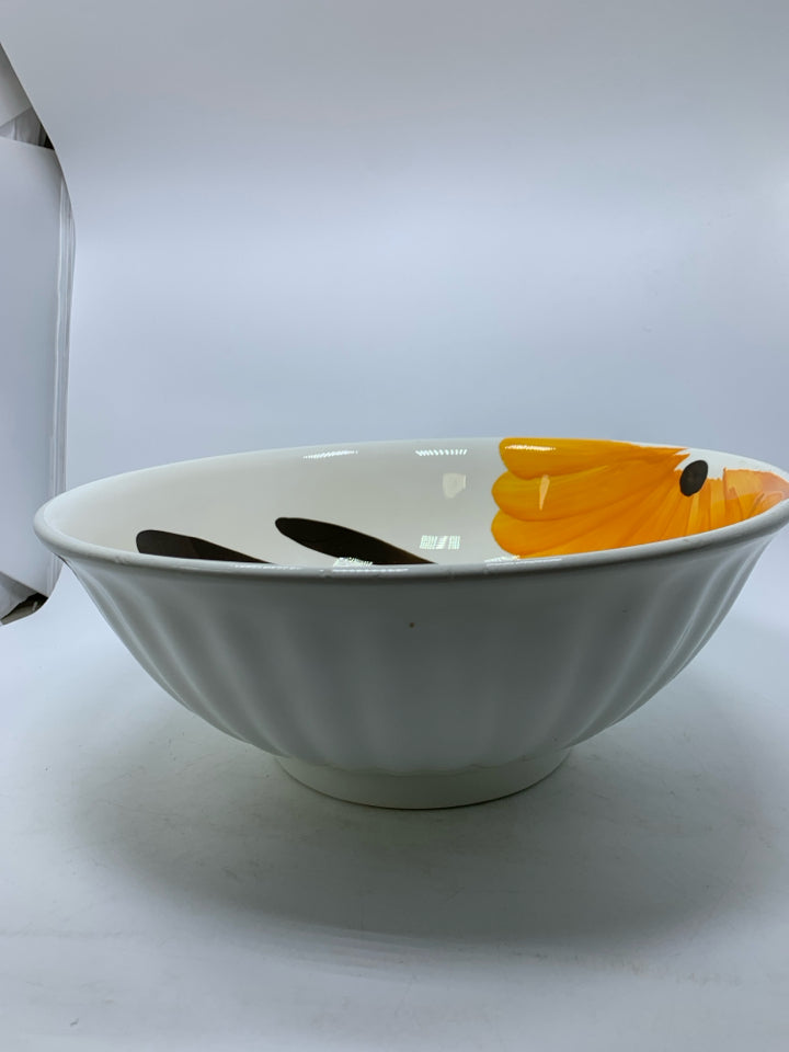 LARGE WHITE SERVING BOWL W/ YELLOW PAINTED FLOWERS MADE IN ITALY.
