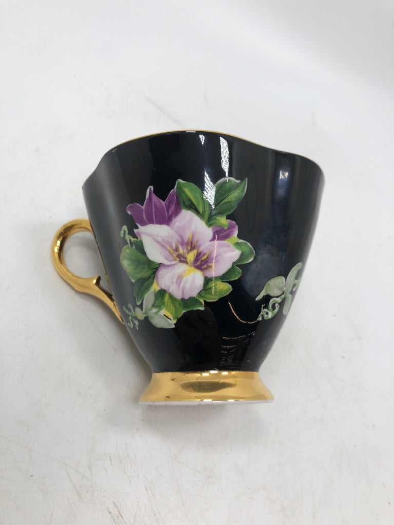 VTG BLACK FLORAL CUP/SAUCER.