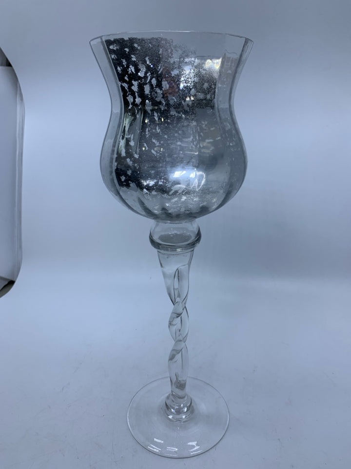 MERCURY GLASS TALL CANDLE HOLDER.