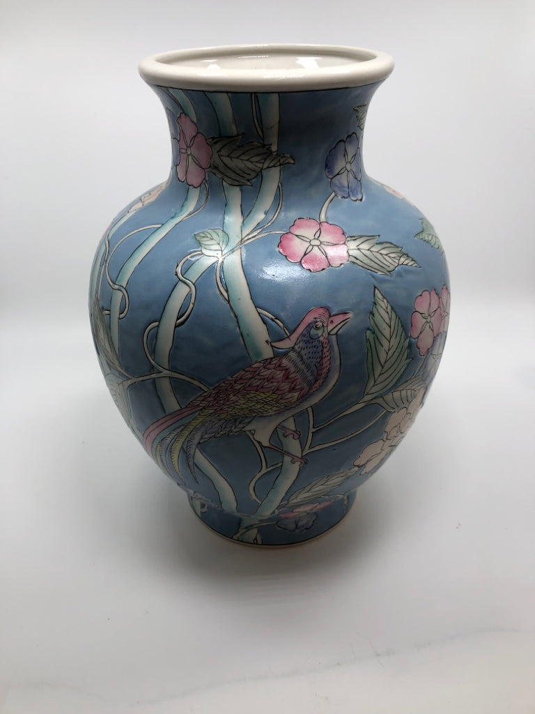 BLUE CERAMIC VASE W/PAINTED BIRDS AND FLOWERS.