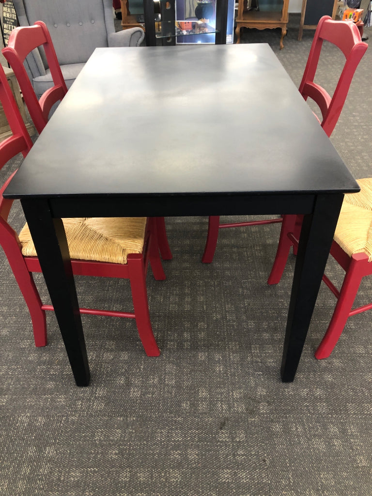 BLACK CONTEMPORARY TABLE & 4 RED CHAIRS W/WICKER SEAT.