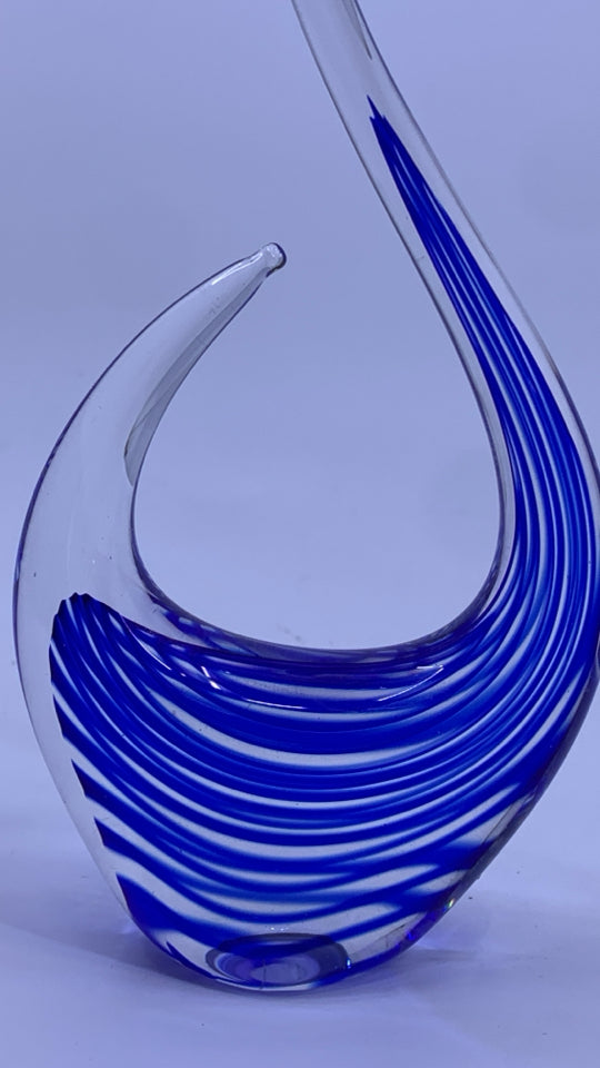 BLUE GLASS SWIRL SHELF DECOR.