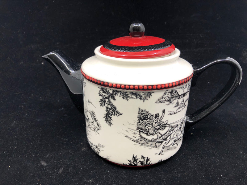 BLACK AND WHITE SLEIGH RIDE TEAPOT.