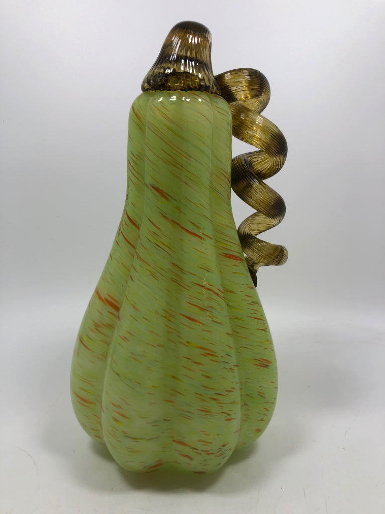 GREEN BLOWN GLASS PUMPKIN.