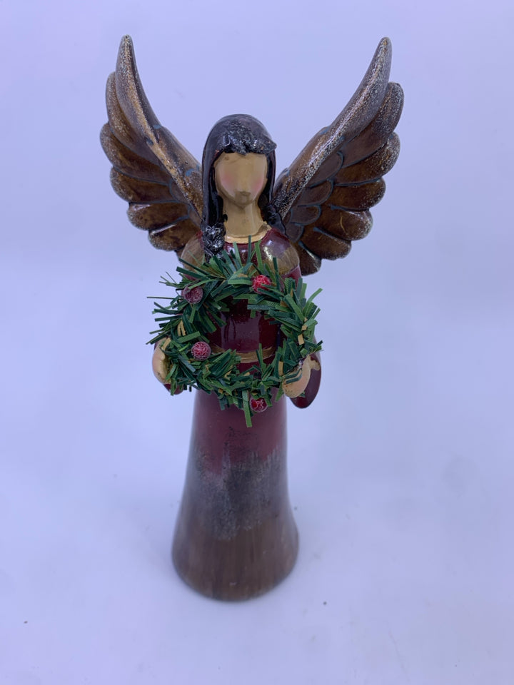 RESIN DARK BROWN HAIR ANGEL HOLDING HOLIDAY WREATH.