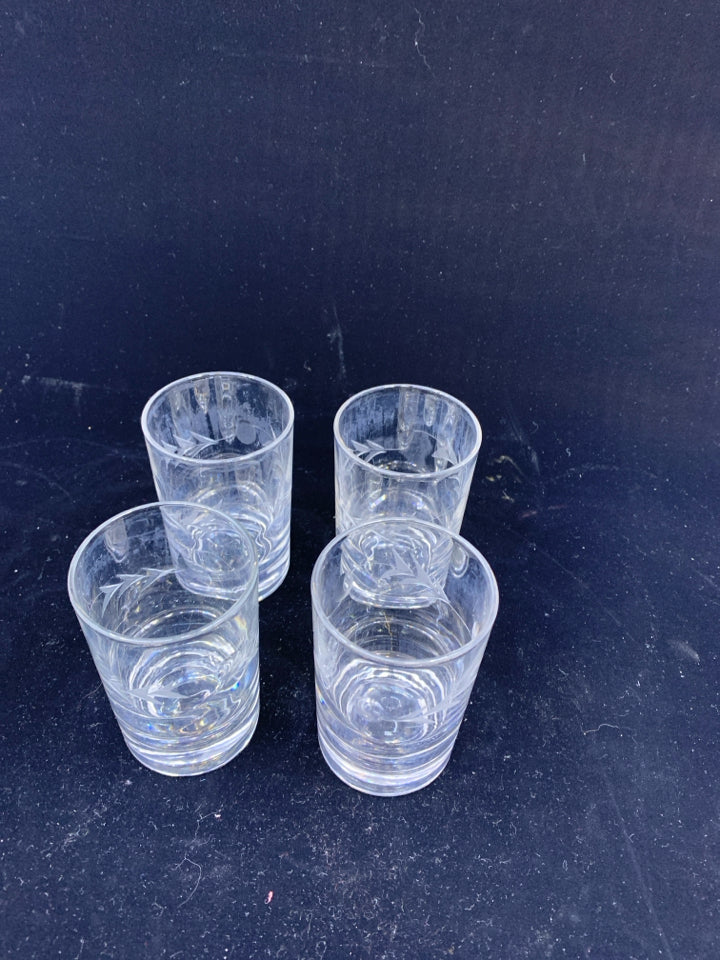 4 ETCHED JUICE GLASSES.