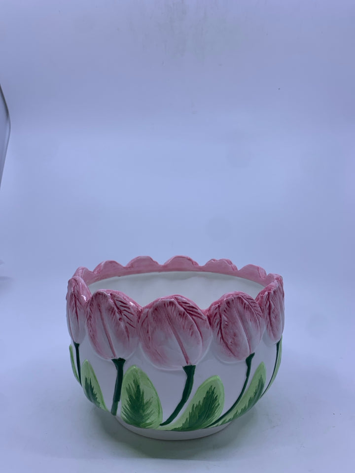 VTG PINK & GREEN TULIP TIME PLANTER.