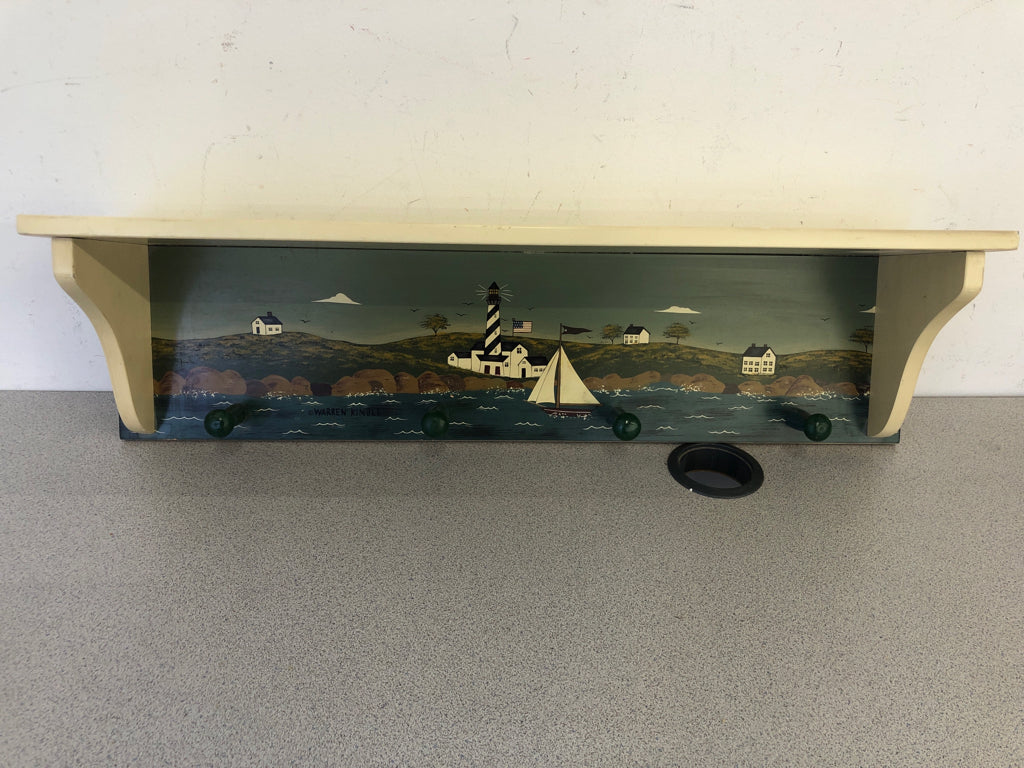 LIGHT HOUSE/ SEASHORE THEME WALL SHELF W/ 4 HOOKS WARREN KIMBLE.