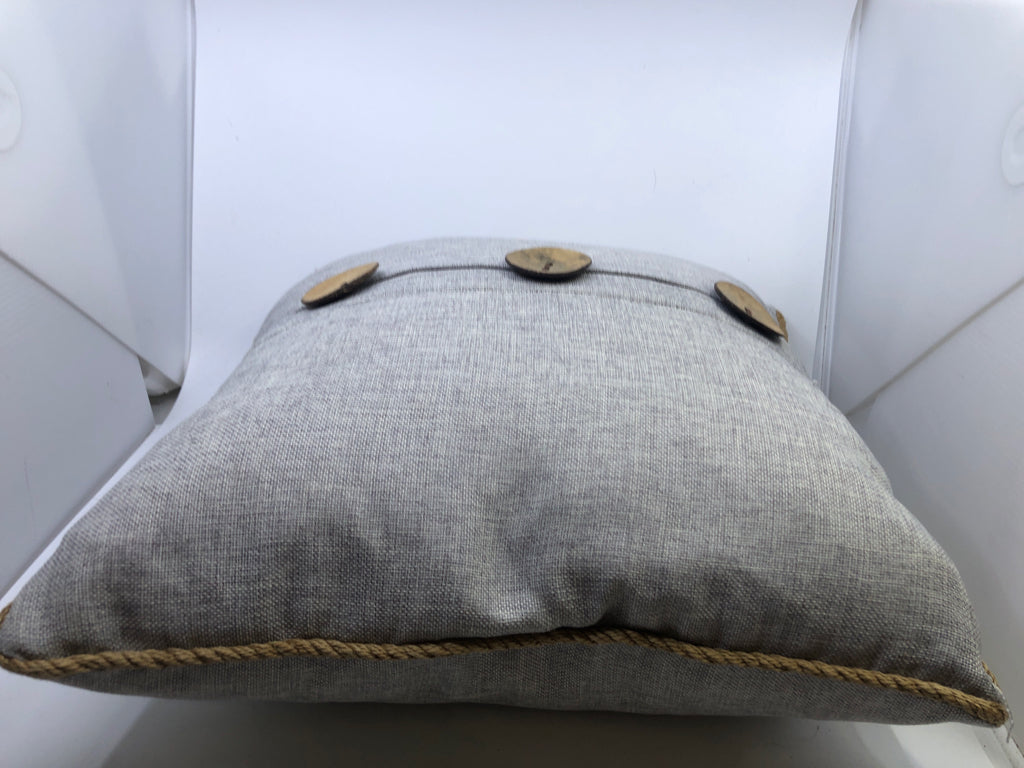 RECTANGLE PILLOW W/ LARGE WOOD BUTTONS/ ROPE TRIM.