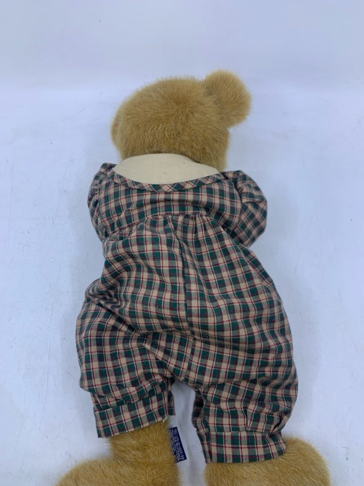 LIGHT TAN BEAR W/ GREEN PLAID JUMPSUIT.