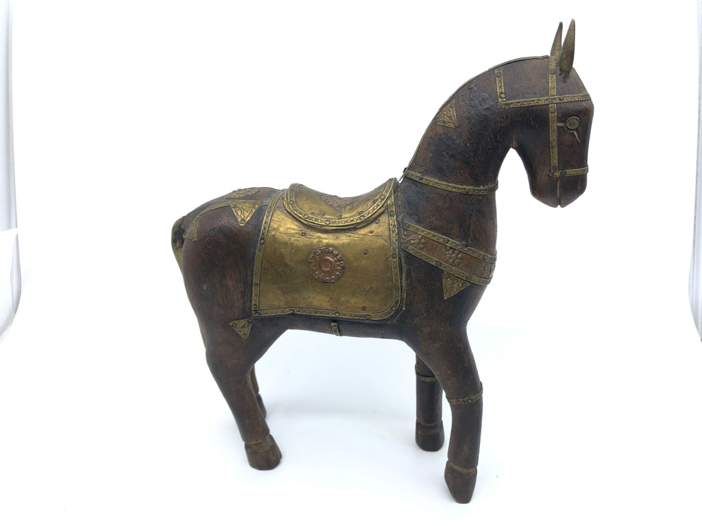 WOOD CARVED HORSE W METAL DETAIL.