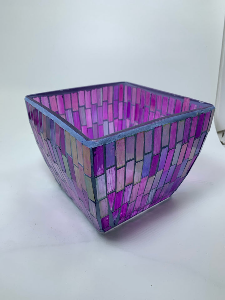 PURPLE IRIDESCENT MOSAIC GLASS SQUARE PLANTER.