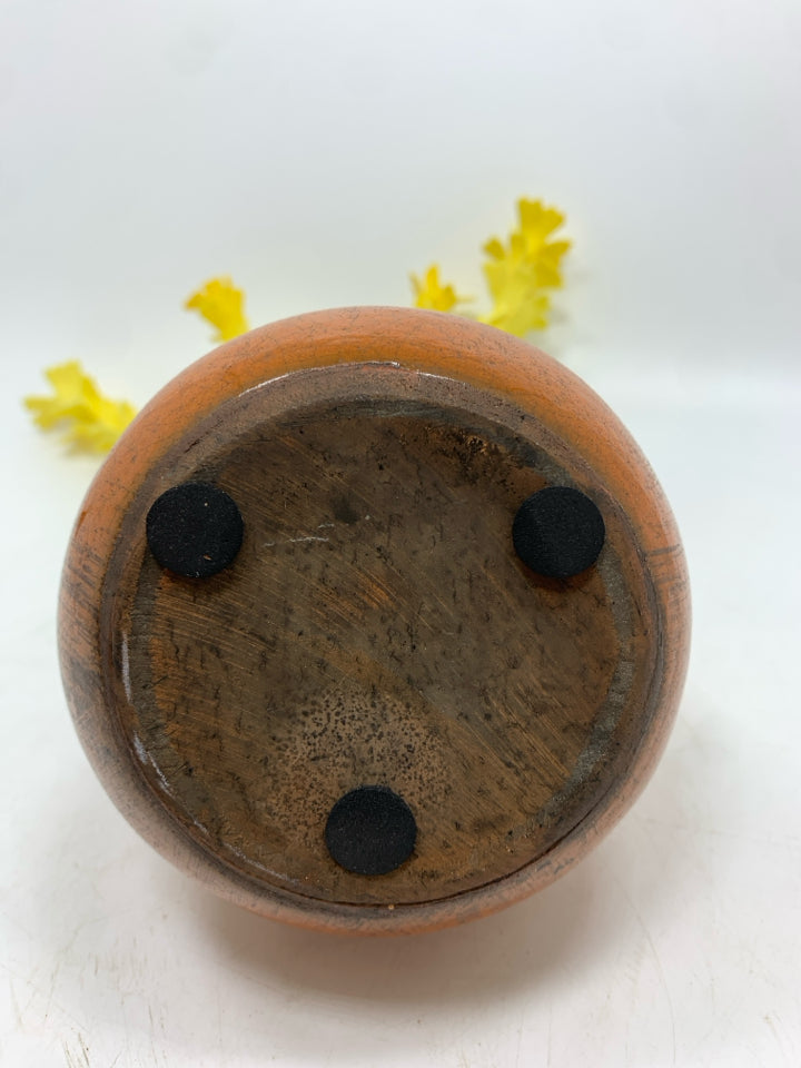 ORANGE CRACKLE VASE W/YELLOW FLORALS.
