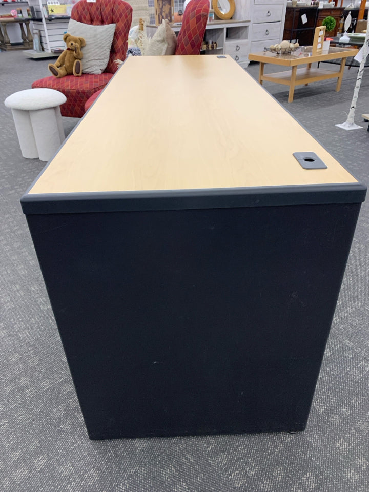 BLACK DESK W/ 2 FILING DRAWERS & WOODEN TOP.