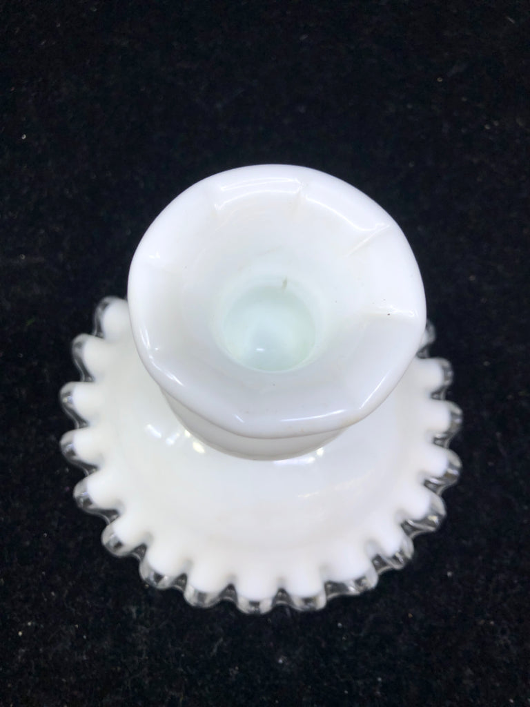 MILK GLASS RUFFLE BOTTOM TAPERED CANDLE HOLDER.