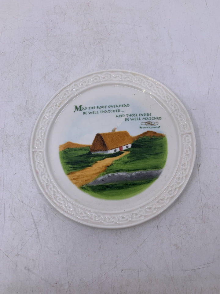 WHITE IRISH BLESSINGS CANDLE PLATE.