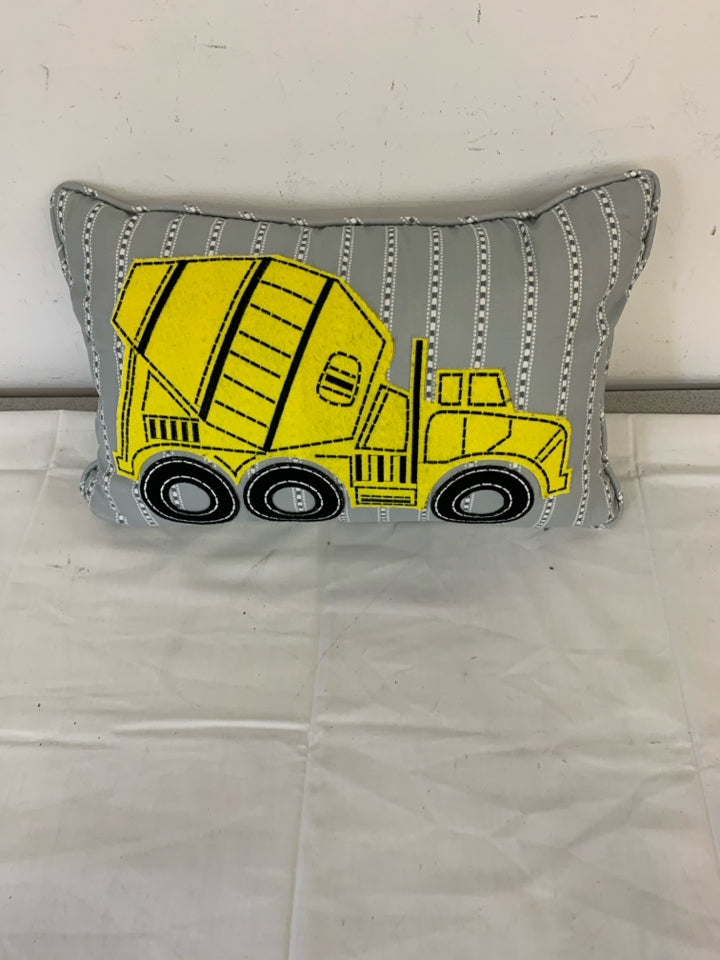 GREY W YELLOW CEMENT TRUCK PILLOW.