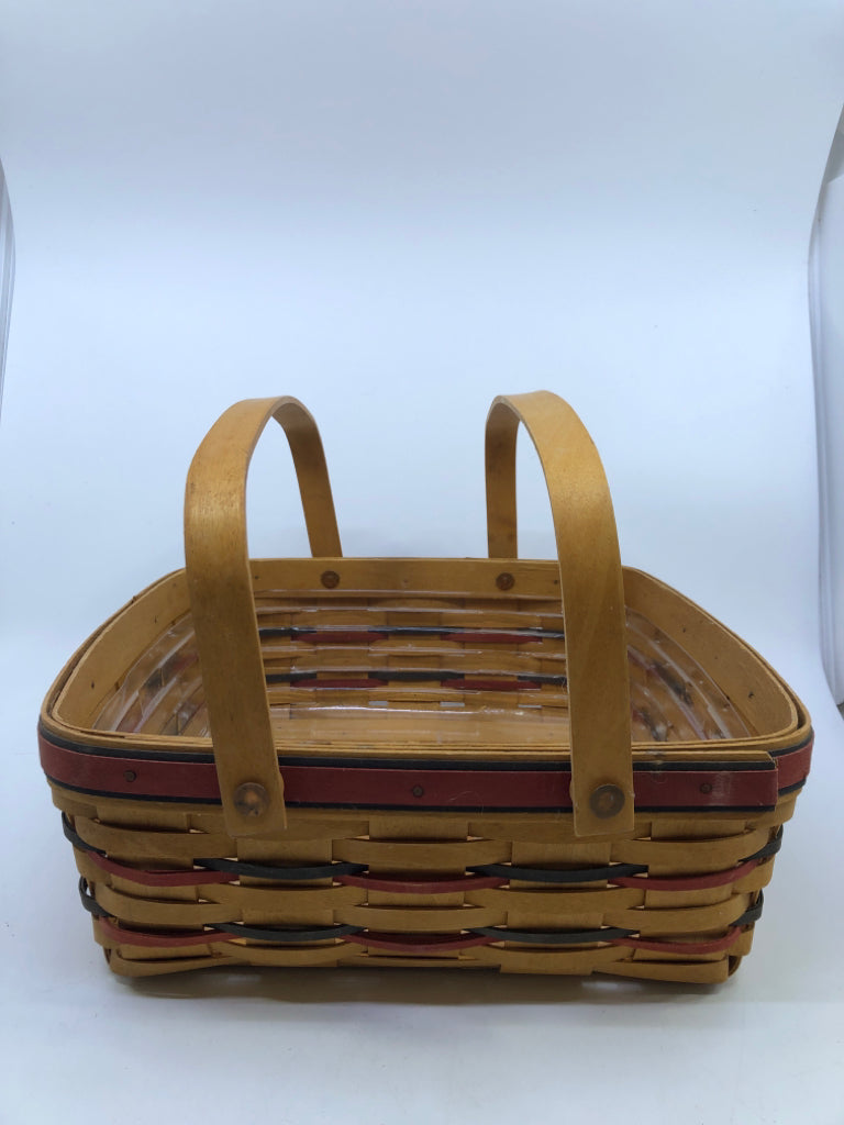 1995? ROUNDED SQUARE W/ 2 HANDLES BASKET + PROTECTOR- RED & BLUE WEAVE.