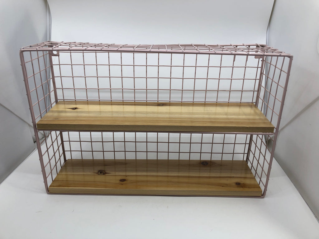 PINK METAL W WOOD SHELF WALL ART.