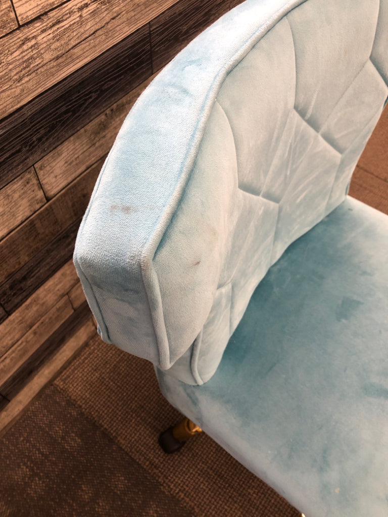 TEAL BLUE VELOUR OFFICE SWIVEL CHAIR W/ GOLD STUDS/LEGS.