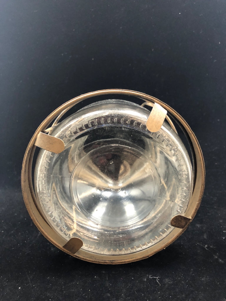METAL WRAPPED GLASS CANDLE LANTERN.
