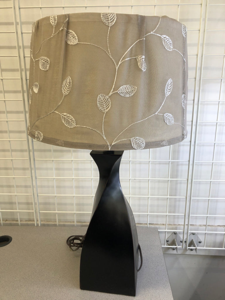 BLACK TWIST LAMP W/GLITTER LEAVES FABRIC SHADE.