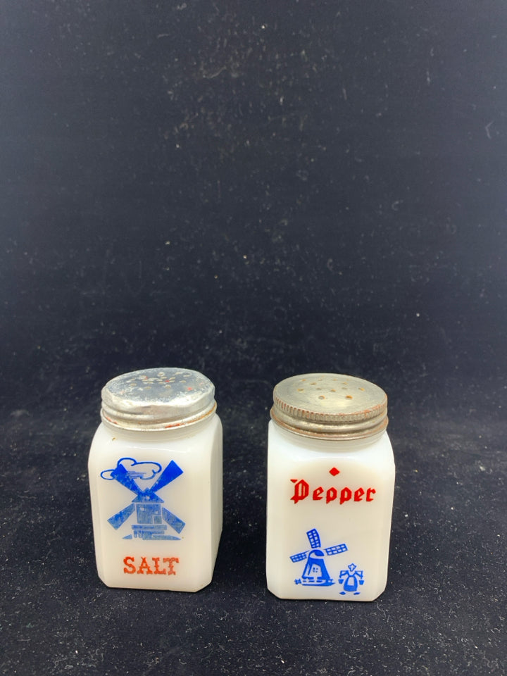 VTG WHITE WINDMILL MILK GLASS SALT AND PEPPER SHAKERS.