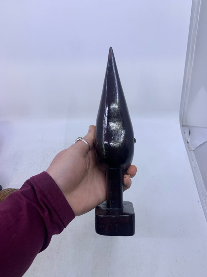 DARK GLOSSY CARVED WOOD POINTED HEAD FOLK ART.