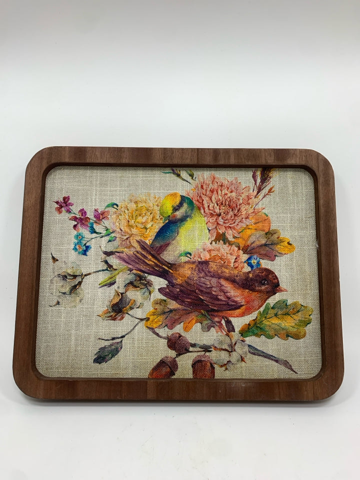 COLORFUL BIRDS ON FABRIC FRAMED PRINT.
