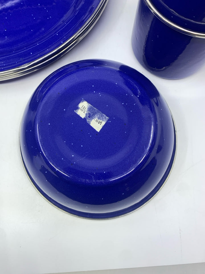 12 PC ENAMEL DISH SET BLUE SPECKLED- SVC 4.