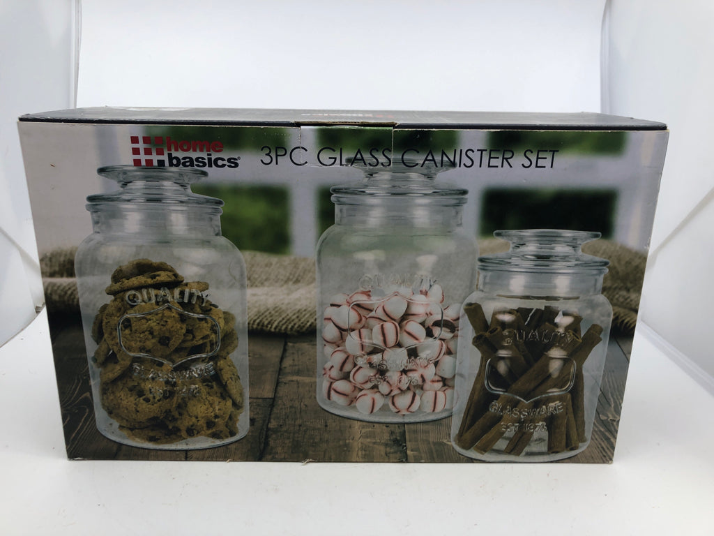 NIB 3 PC GLASS CANISTER SET.