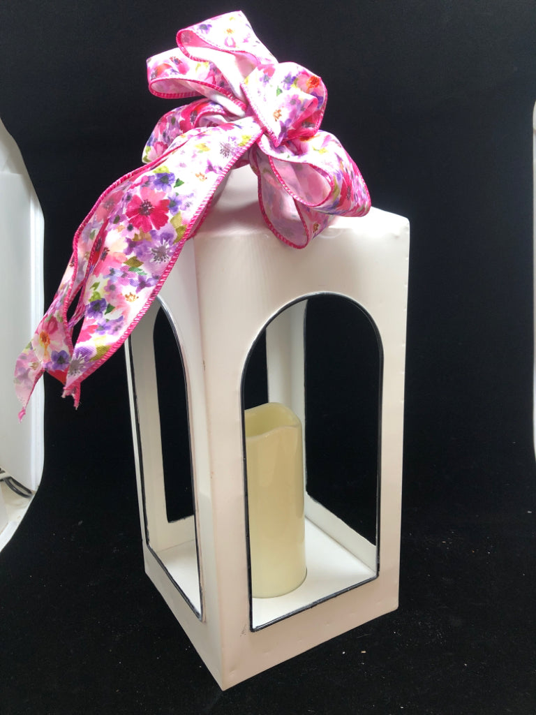 WHITE METAL LANTERN W/LED CANDLE PINK BOW.