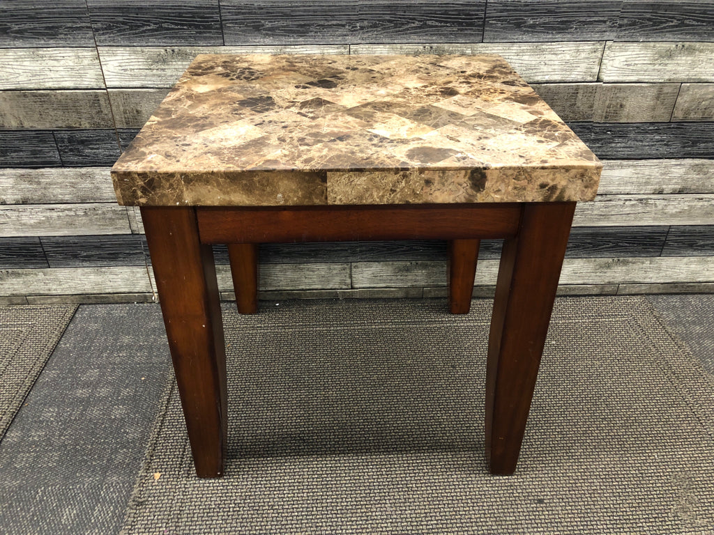 DARK WOOD BASE HEAVY MARBLE TOP SIDE TABLE.