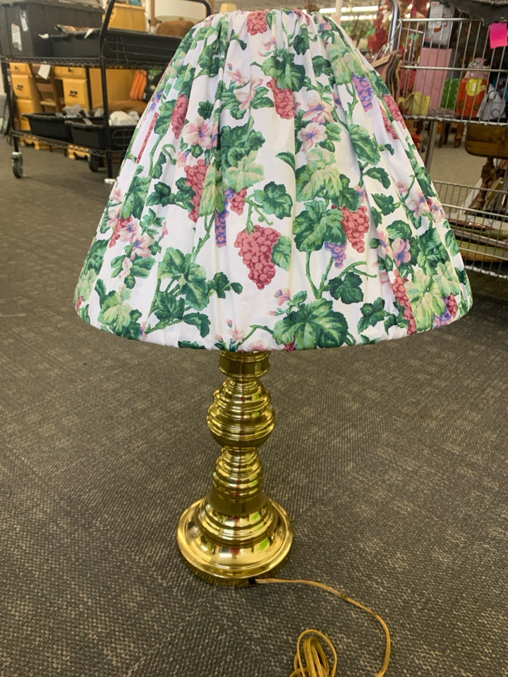BRASS 3 WAY LAMP W GRAPE VTG COLORED SHADE.