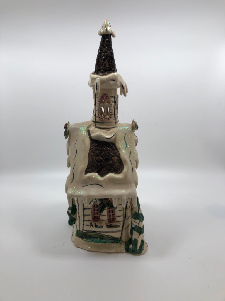 2PC TALL CERAMIC CHURCH CANDLE COVER W/TRIVET.