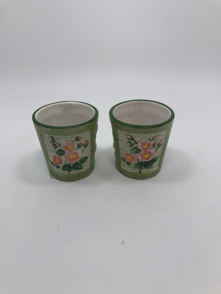 2 GREEN FLORAL YANKEE CANDLE TEALIGHT HOLDERS.