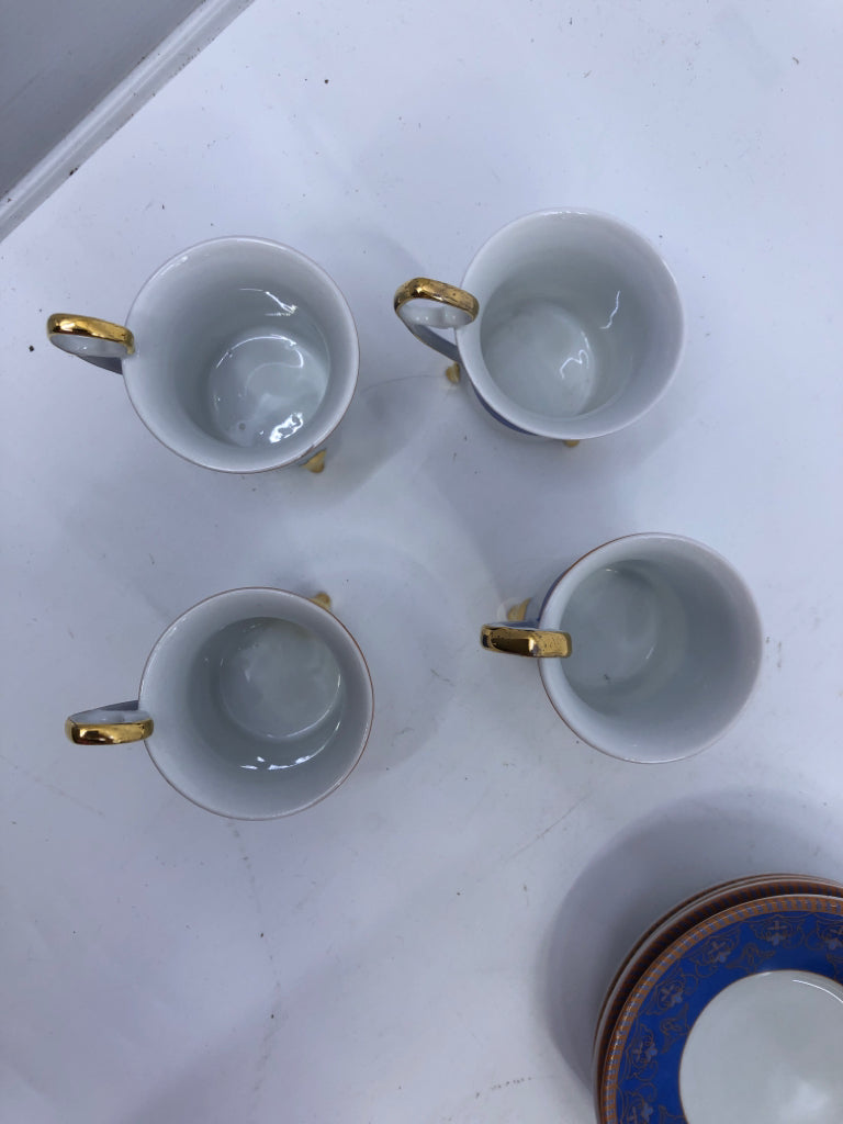8 PC VTG FOOTED DEMITASSE CUPS+SAUCERS BLUE W/ GOLD DETAILS.