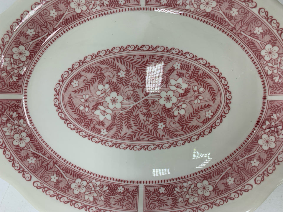 2 VTG OVAL RED DETAILED SERVING PLATTERS.