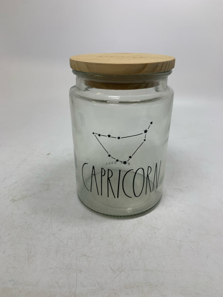 GLASS CAPRICORN CANISTER W/ WOOD LID.
