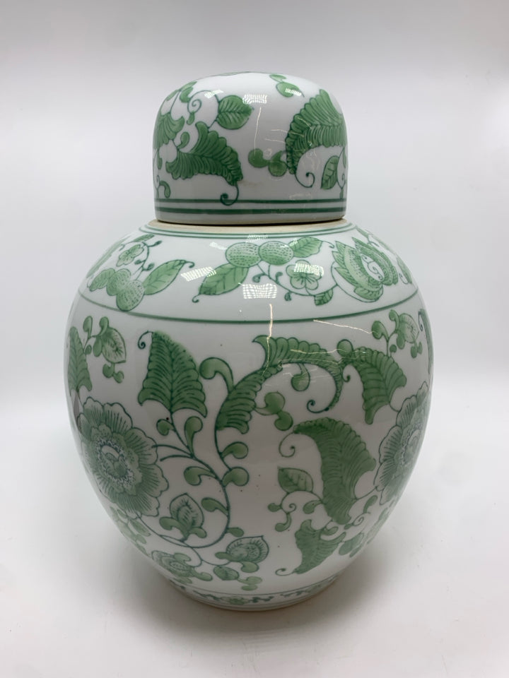 LG GREEN FLORAL GINGER JAR.