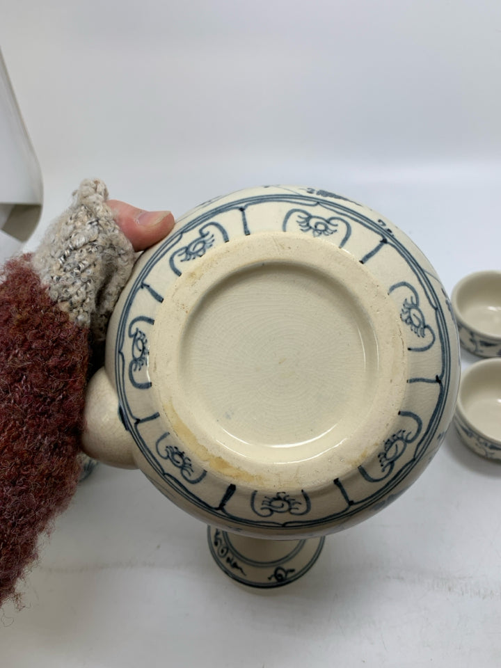 5 PC CREAM W/ BLUE FLORAL DETAIL JOYCE CHEN ASIAN STYLE TEA SET METAL HANDLES.