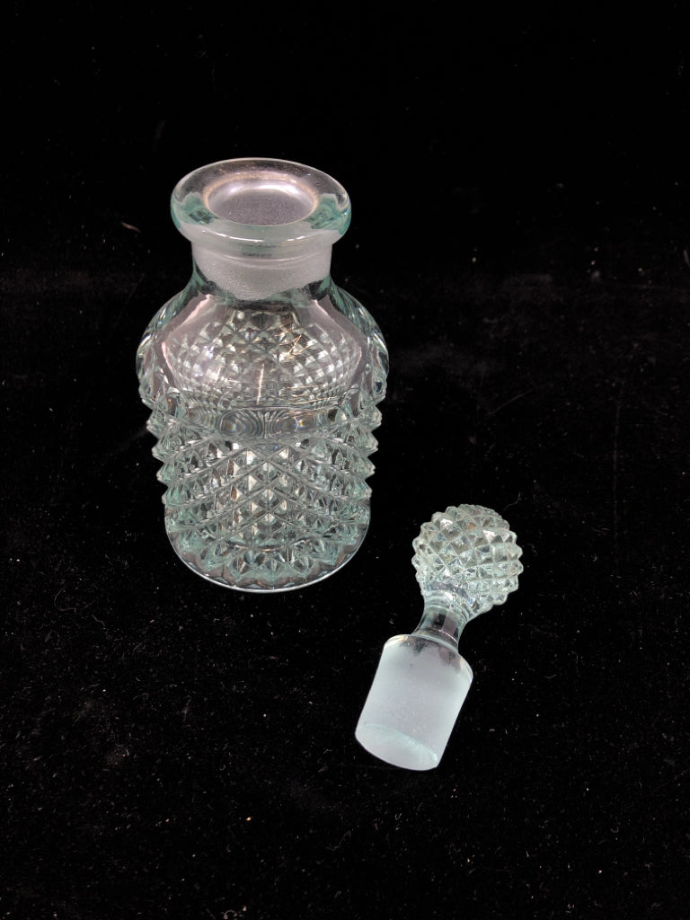 AQUA BLUE ENGLISH HOBNAIL STYLE GLASS EMPTY BOTTLE W/STOPPER.
