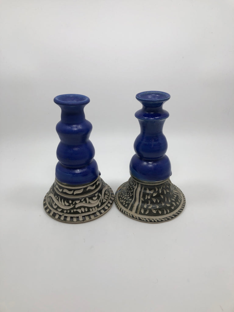 2 COBALT BLUE CANDLESTICKS W/BLACK ETCHED DOTS.