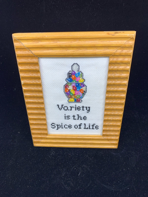"VARIETY IS THE SPICE OF LIFE" FRAMED CROSS STITCH.