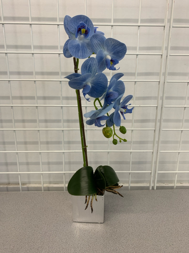 FAUX BLUE ORCHID IN SILVER POT.