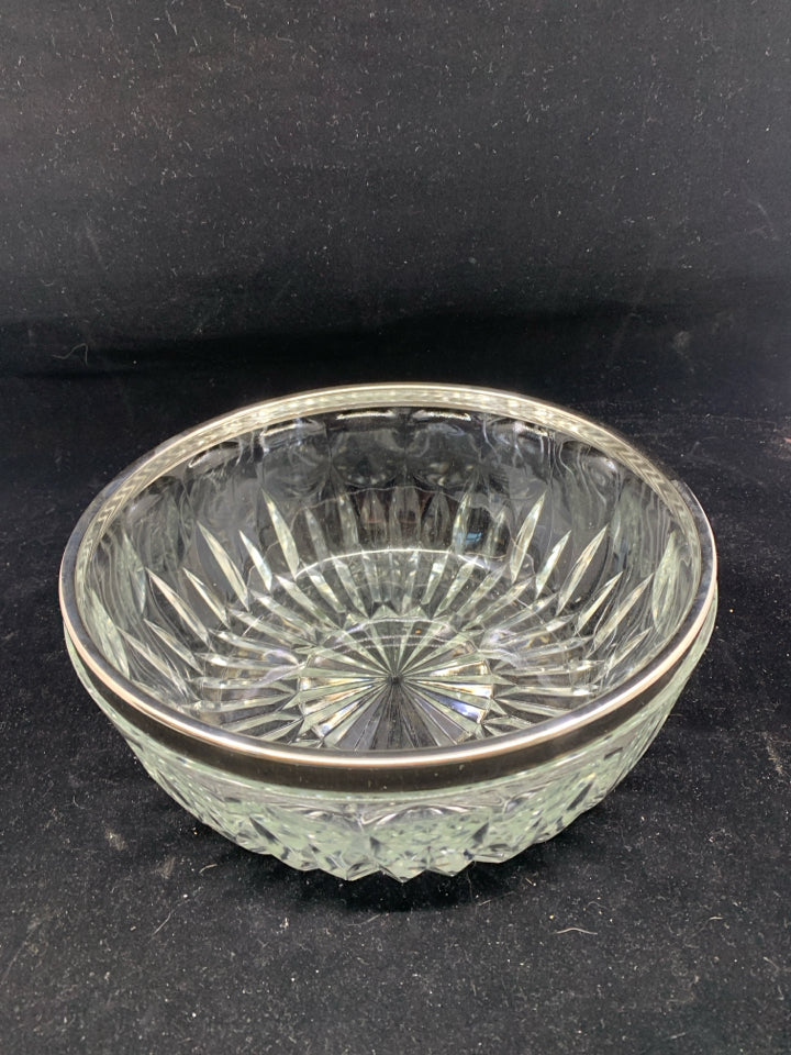 CUT GLASS BOWL W SILVER METAL RIM.