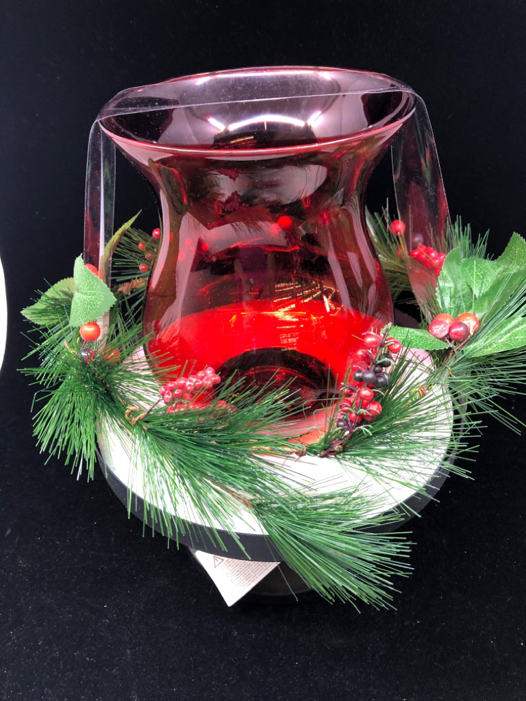 NIB RED GLASS HURRICANE CANDLE HOLDER.