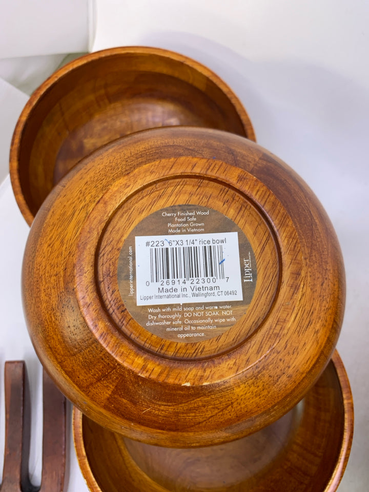 6 PC WOOD SALAD BOWL/UTENSILS ANS 3 BOWLS SET.