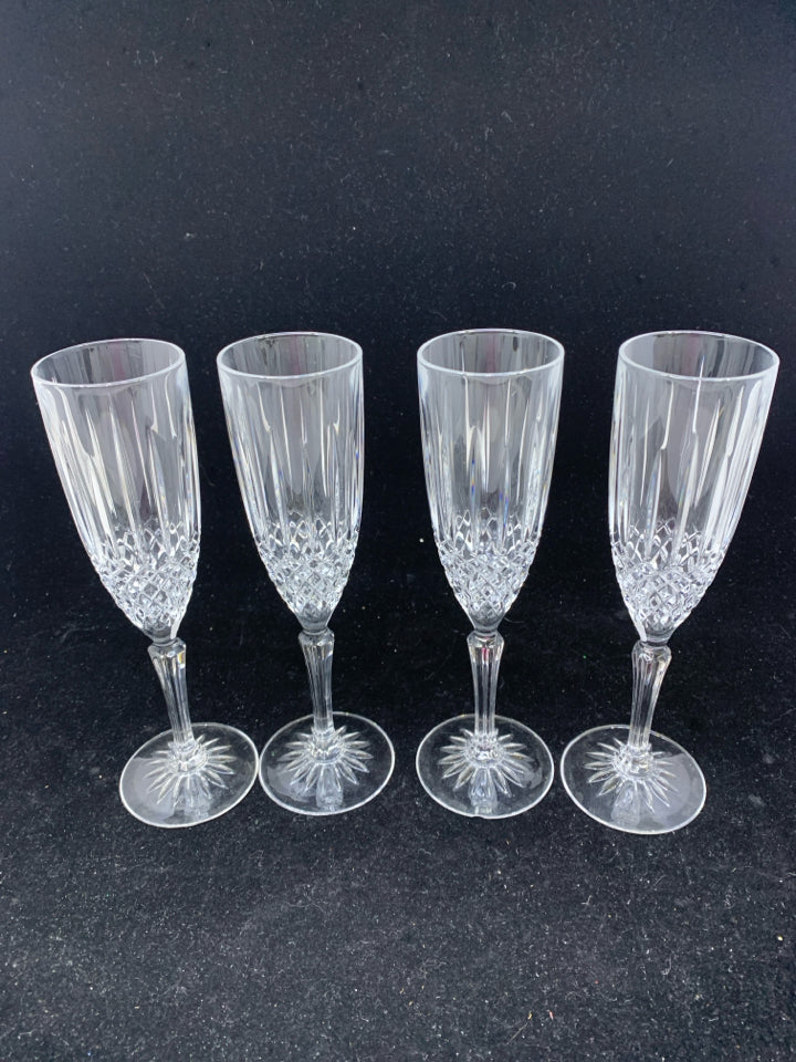 4 CRYSTAL DIAMOND PATTERN CHAMPAGNE FLUTES.